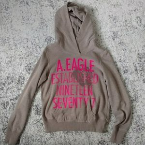 Brown American Eagle hoodie with pink lettering